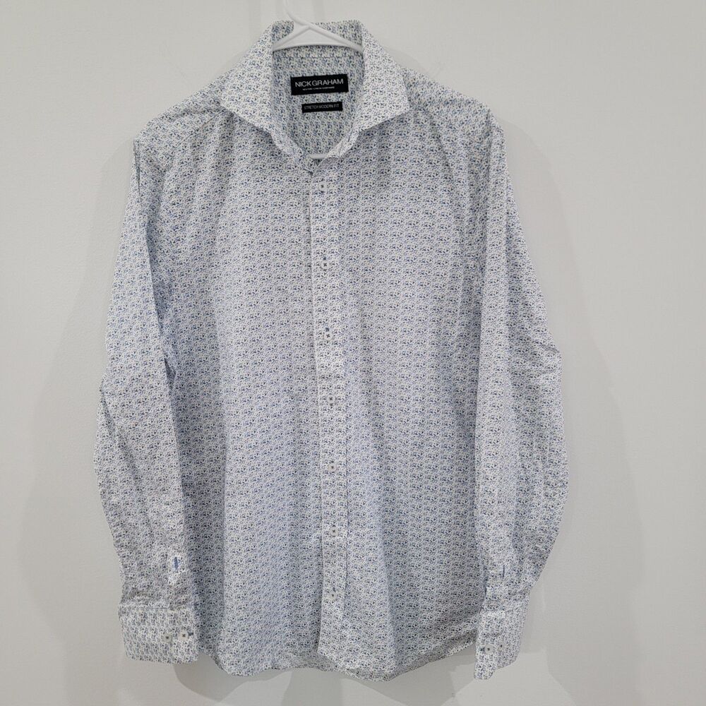 Nick Graham Mens Button Up Shirt Size Small Floral Blue White Stretch Modern Fit